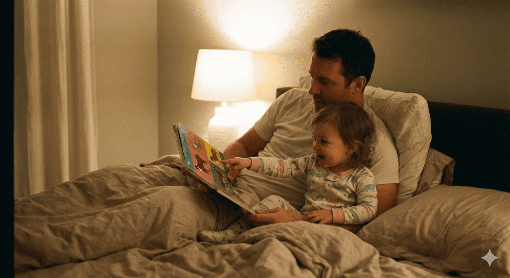 Papá leyendo en la cama con su hija