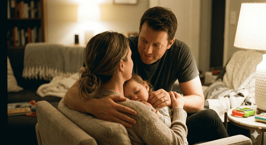 Pareja abrazada con su hijo