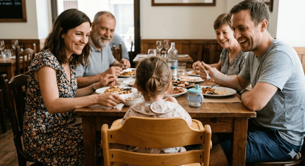 Familia comiendo con una niña de 2 años en un restaurante
