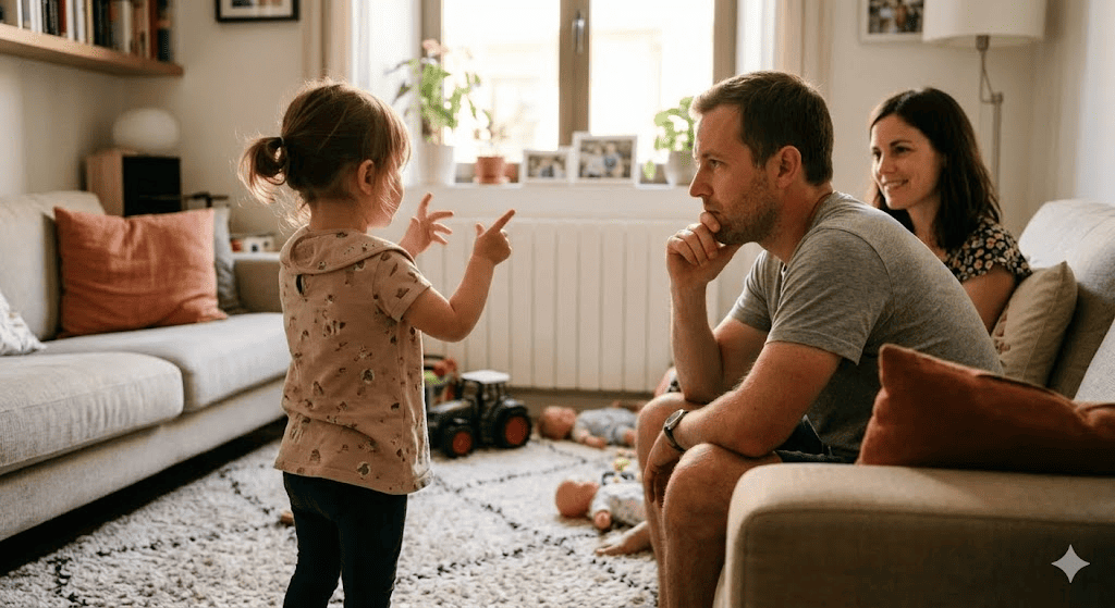 Niña de 2 años hablando a sus padres
