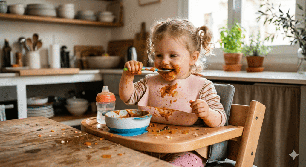 Niña comiendo sola