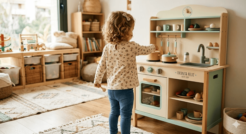 Niña jugando con una cocina de juguete