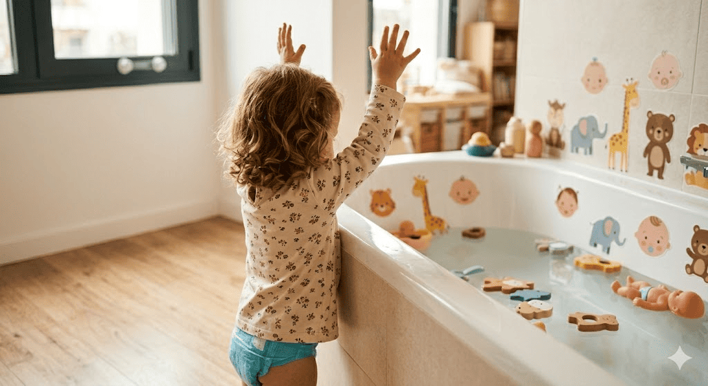 Bebe preparándose para entrar a la bañera