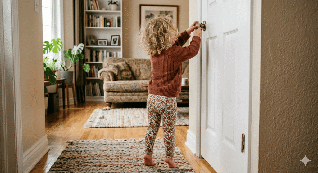 Niña intentando abrir una puerta